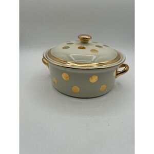 Hall China Casserole Dish Ivory Gold Dot Covered Round Lidded Bowl Vintage